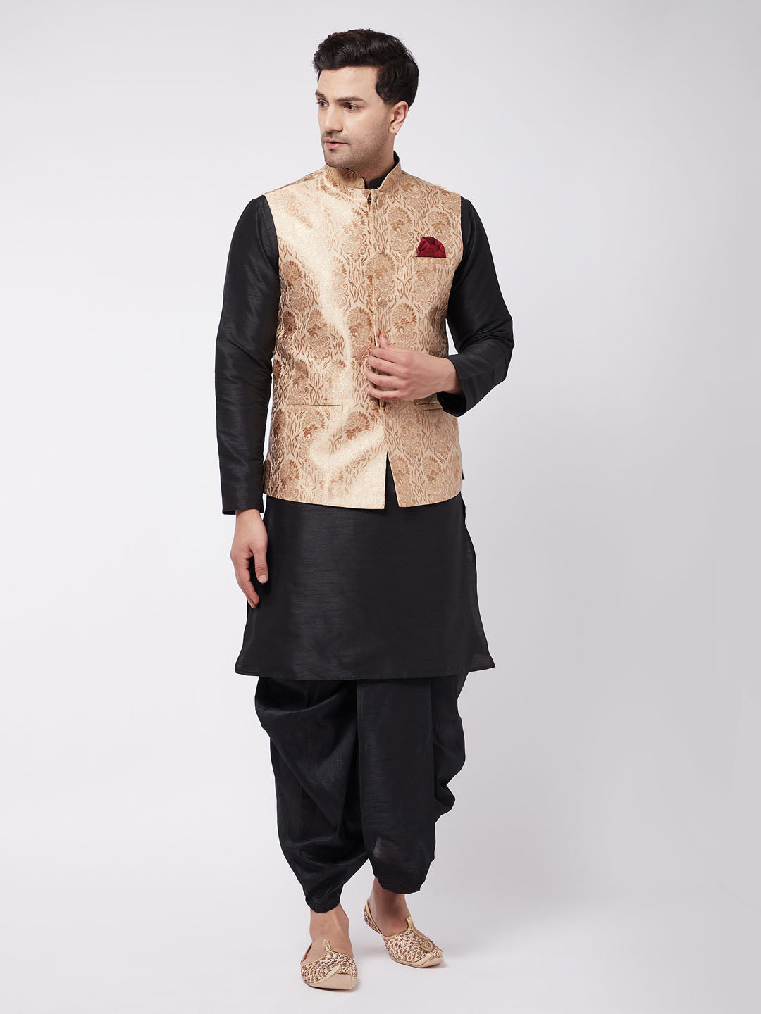 Men's Rose Gold Jacquard Jacket With Kurta Dhoti Set