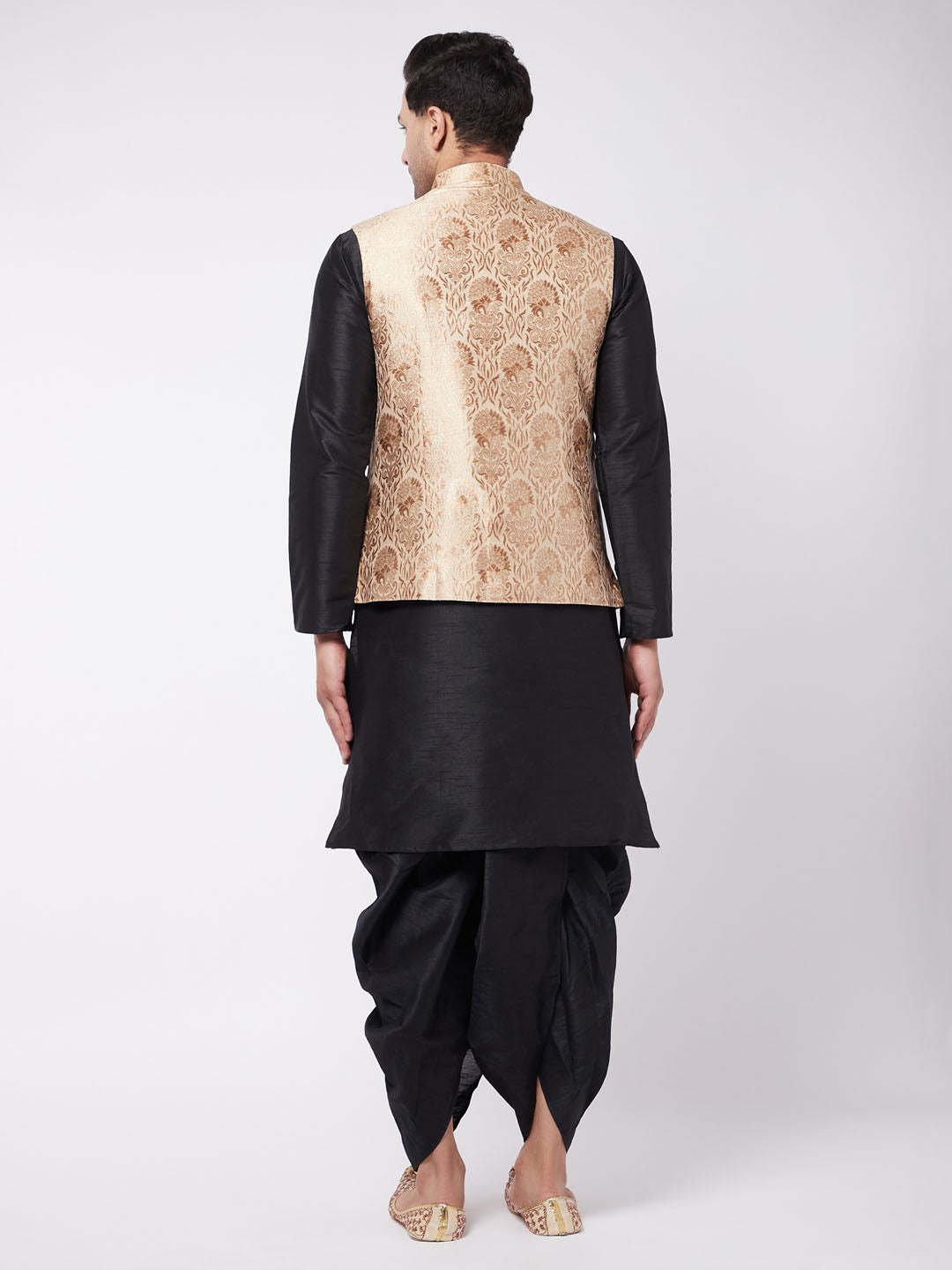 Men's Rose Gold Jacquard Jacket With Kurta Dhoti Set