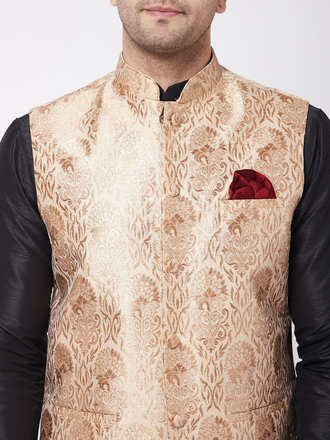 Men's Rose Gold Jacquard Jacket With Kurta Dhoti Set