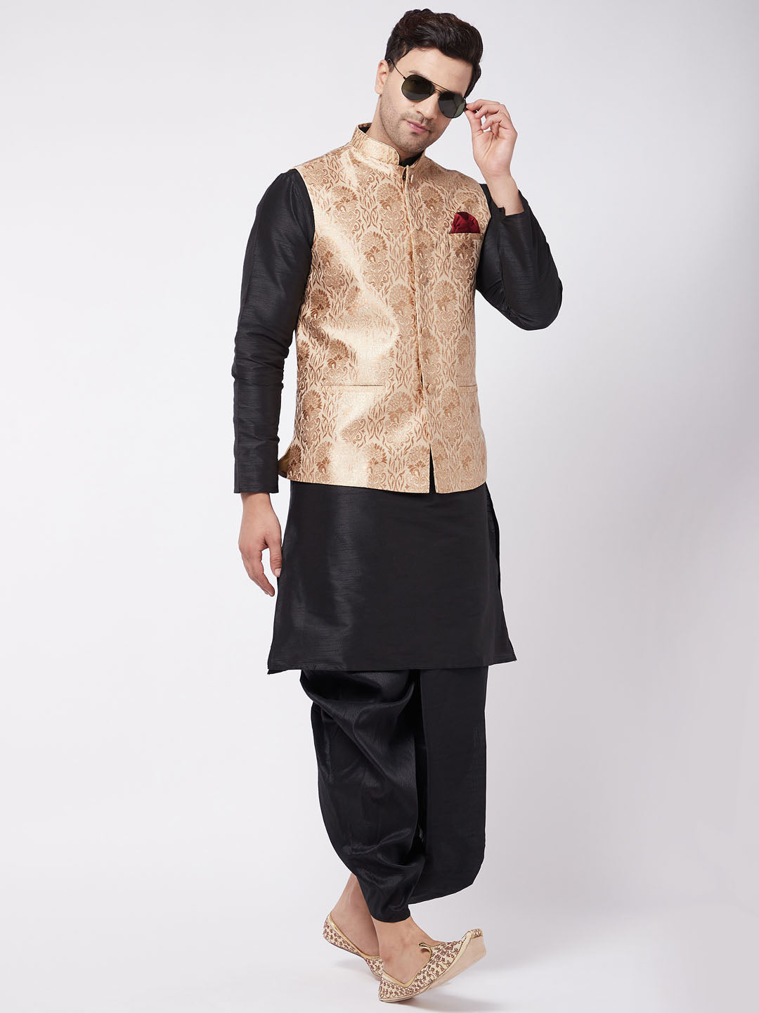 Men's Rose Gold Jacquard Jacket With Kurta Dhoti Set