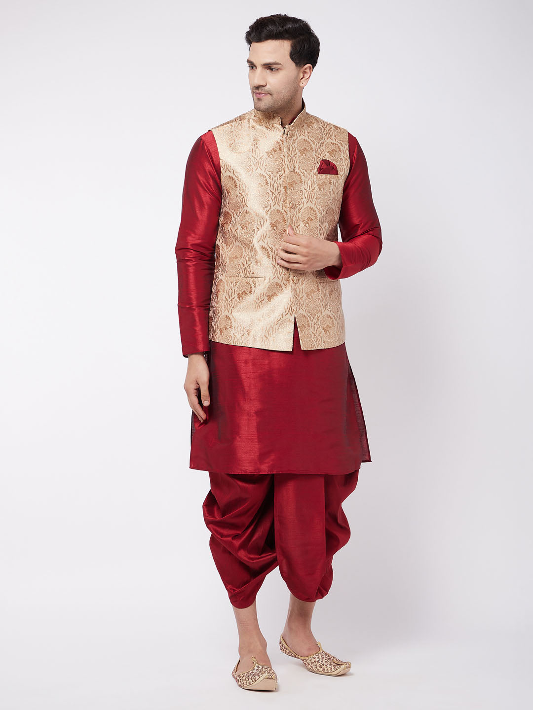 Men's Rose Gold Jacquard Jacket With Kurta Dhoti Set