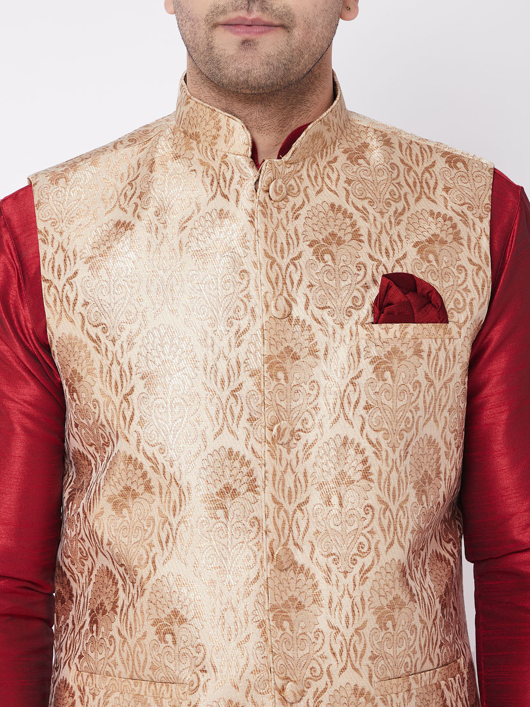 Men's Rose Gold Jacquard Jacket With Kurta Dhoti Set