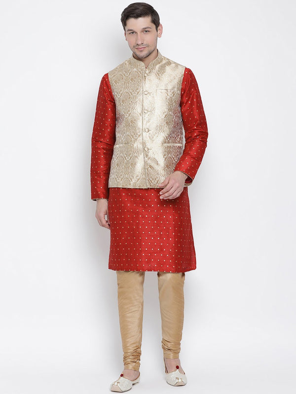 Men's Maroon Cotton Silk Blend Kurta, Ethnic Jacket and Pyjama Set