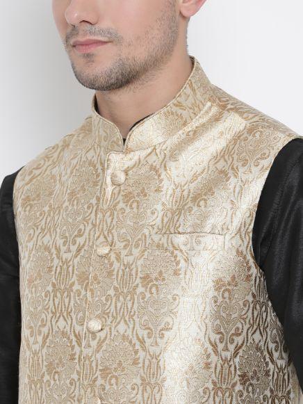 Men's Black Cotton Silk Blend Kurta, Ethnic Jacket and Pyjama Set