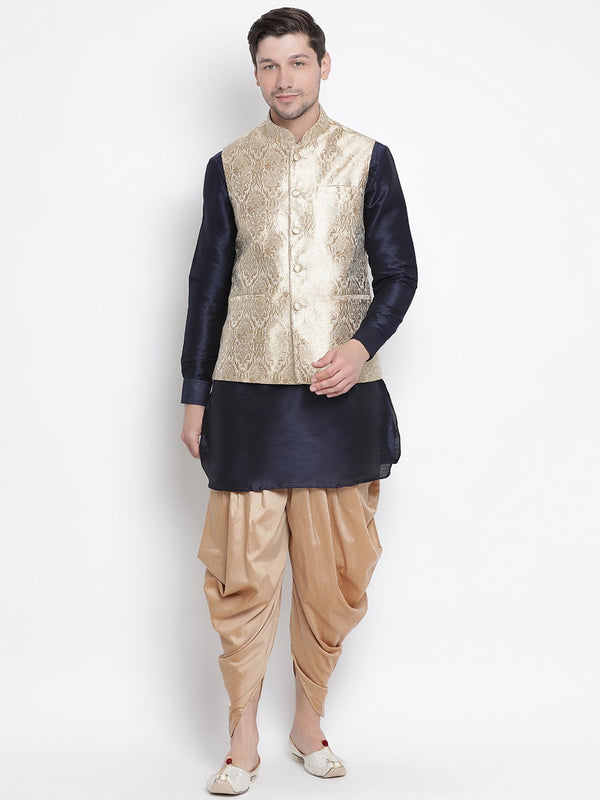 Men's Dark Blue Cotton Silk Blend Ethnic Jacket, Kurta and Dhoti Pant Set