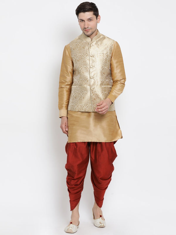 Men's Gold Cotton Silk Blend Ethnic Jacket, Kurta and Dhoti Pant Set