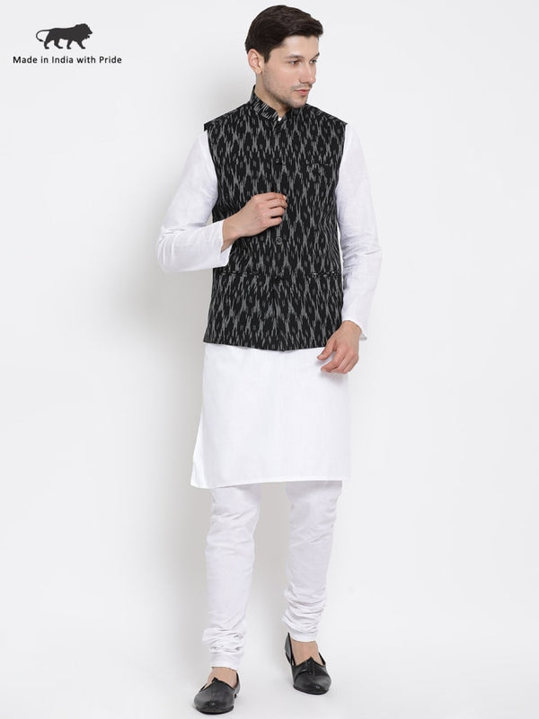 Men's White Cotton Kurta, Ethnic Jacket and Pyjama Set