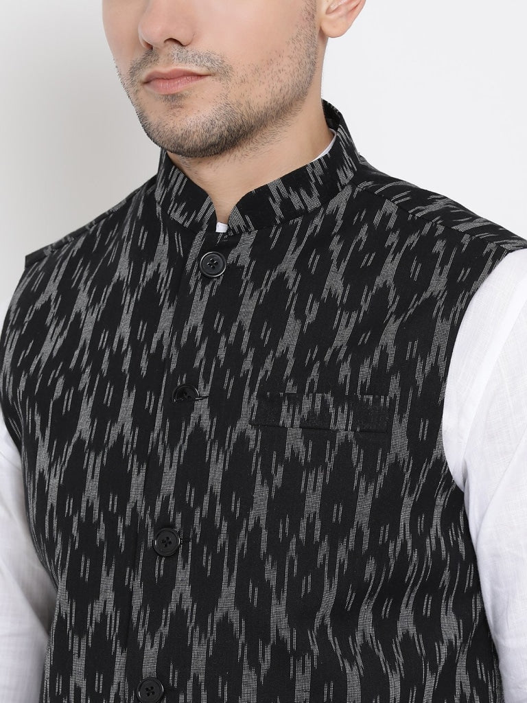 Men's White Cotton Kurta, Ethnic Jacket and Pyjama Set