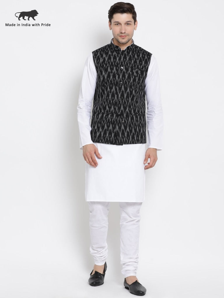 Men's White Cotton Kurta, Ethnic Jacket and Pyjama Set
