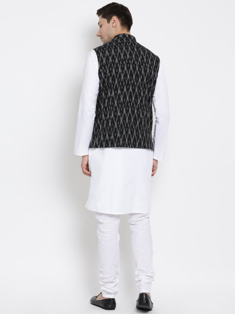 Men's White Cotton Kurta, Ethnic Jacket and Pyjama Set