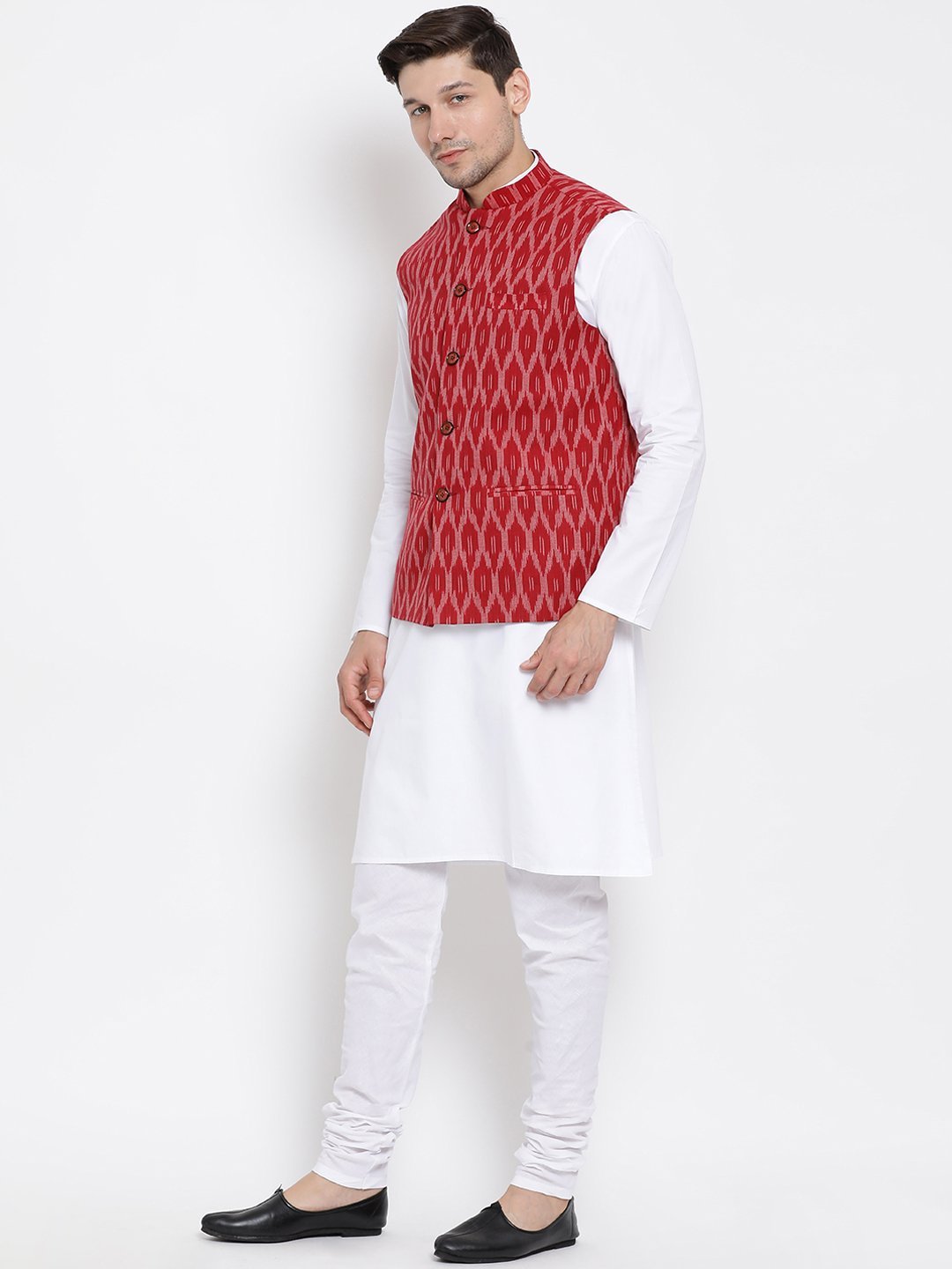 Men's Maroon Cotton Blend Kurta, Ethnic Jacket and Pyjama Set