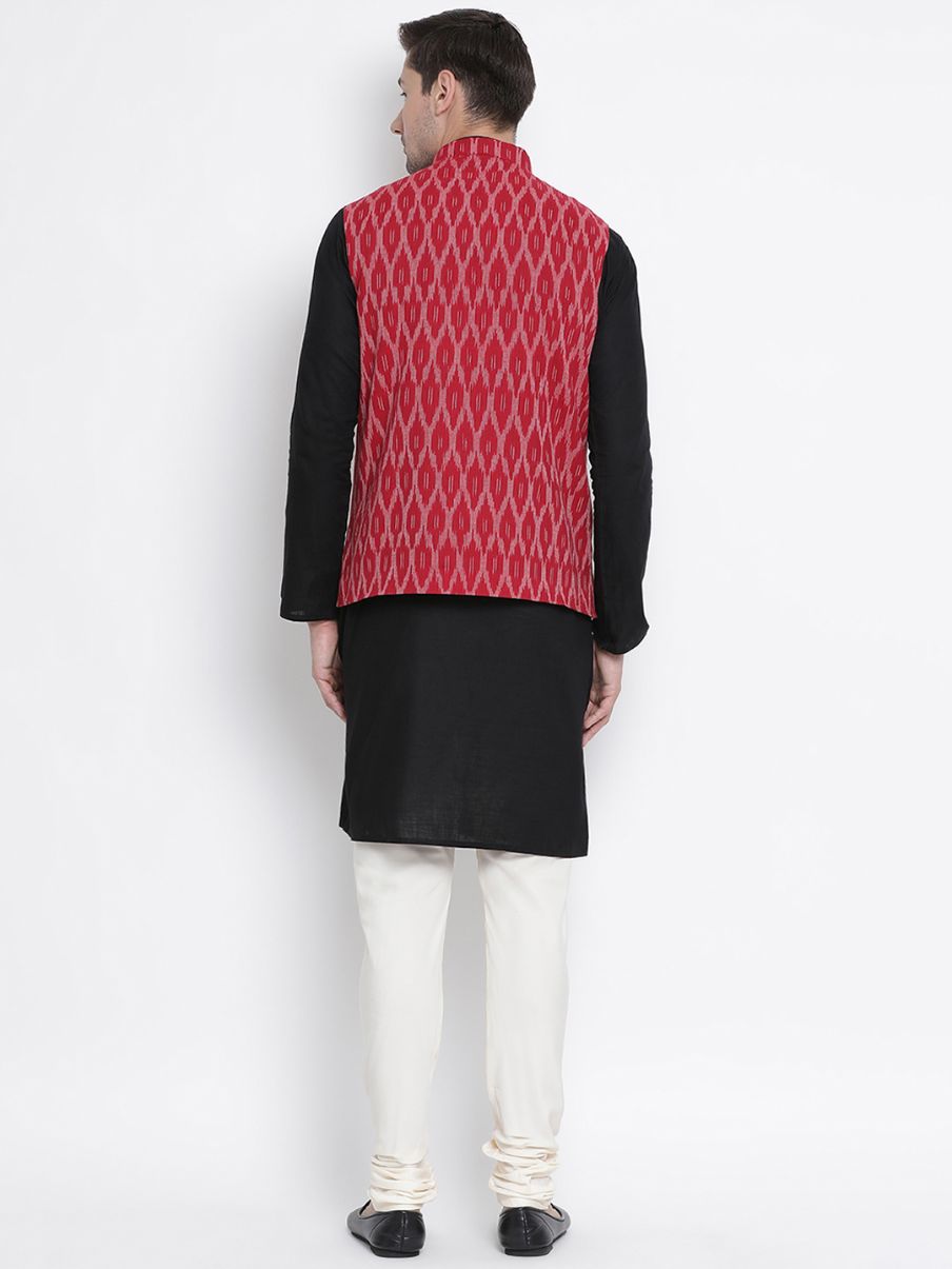 Men's Black Cotton Kurta, Ethnic Jacket and Pyjama Set