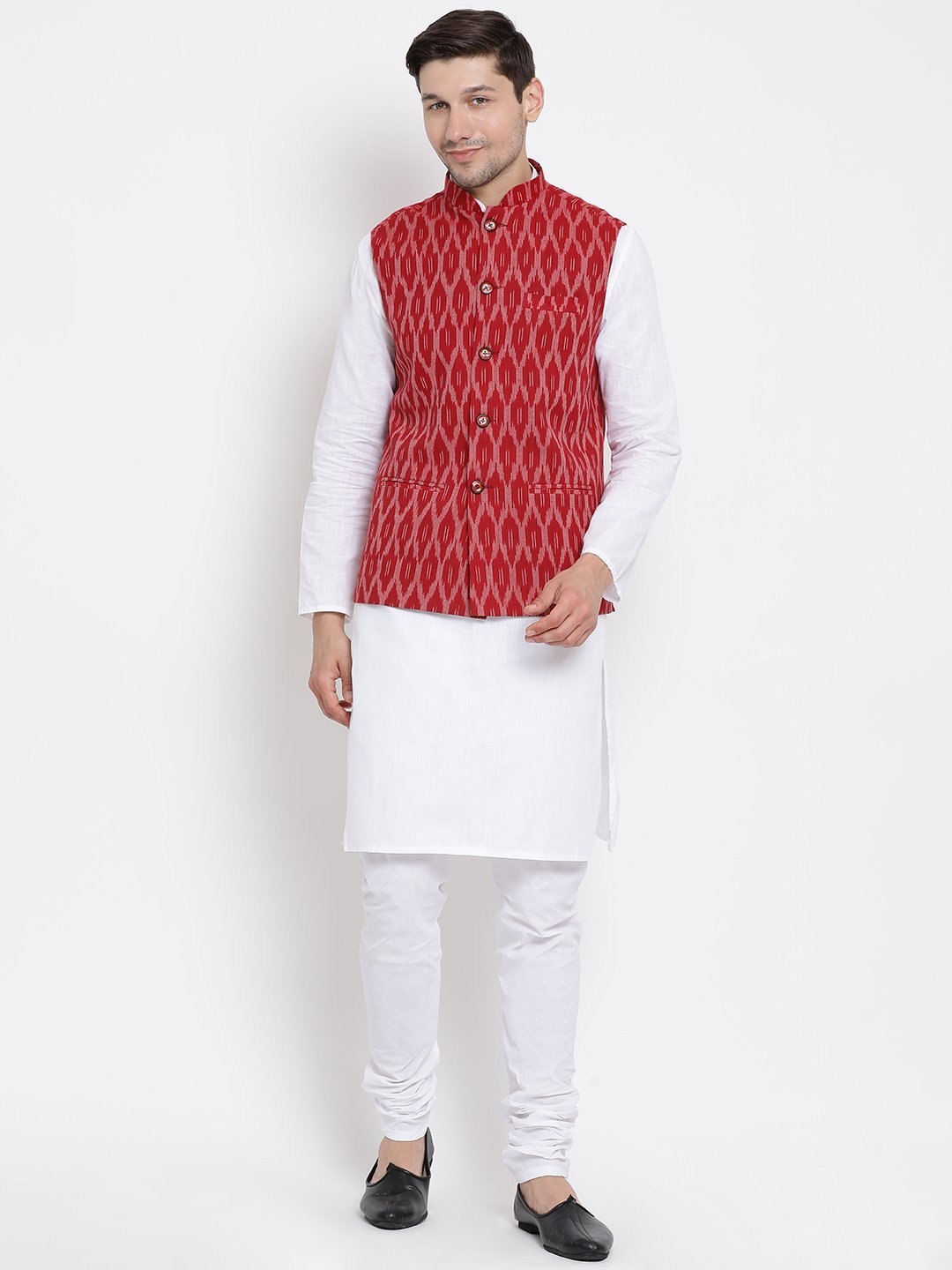 Men's White Cotton Kurta, Ethnic Jacket and Pyjama Set