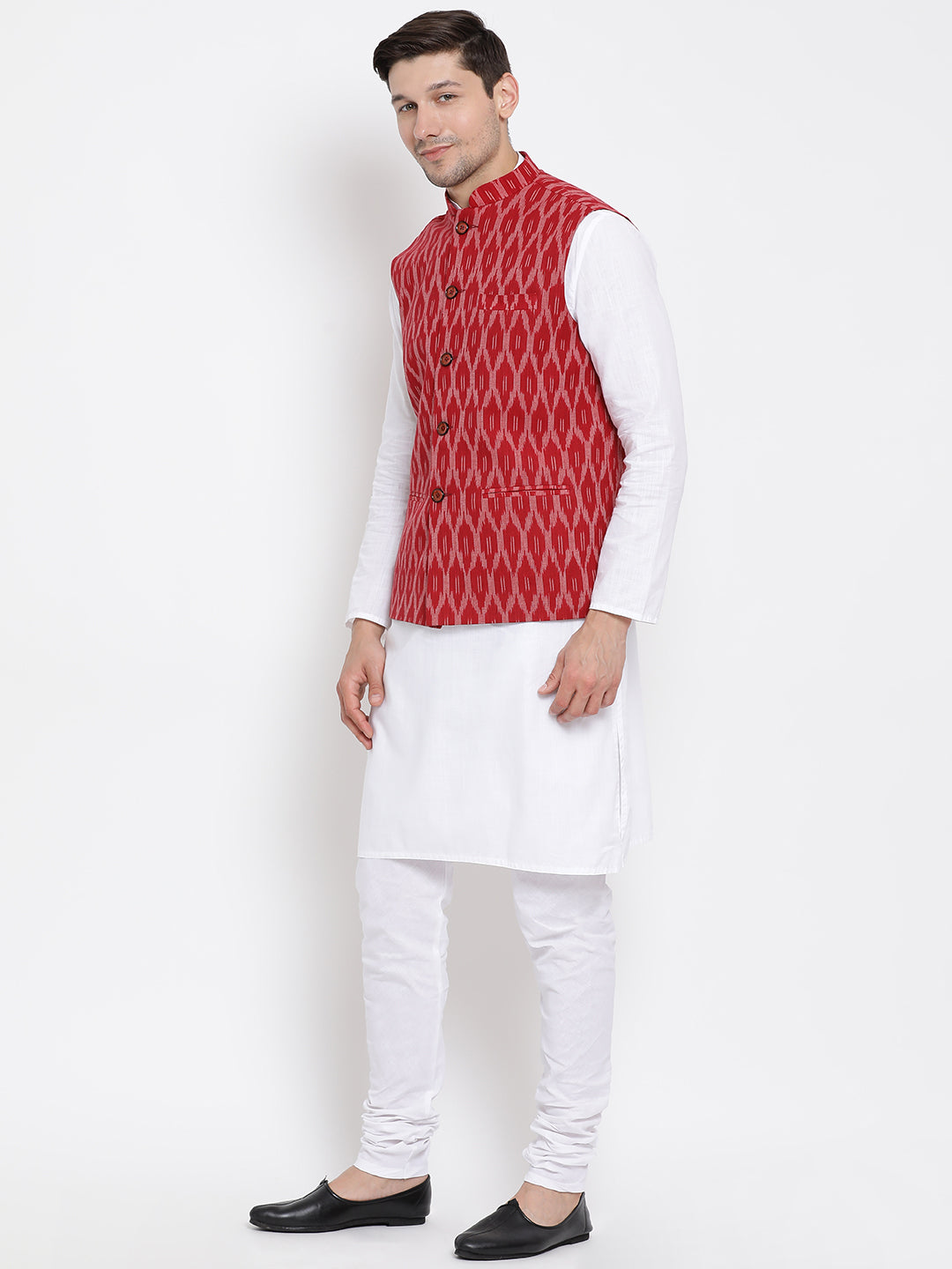 Men's White Cotton Kurta, Ethnic Jacket and Pyjama Set
