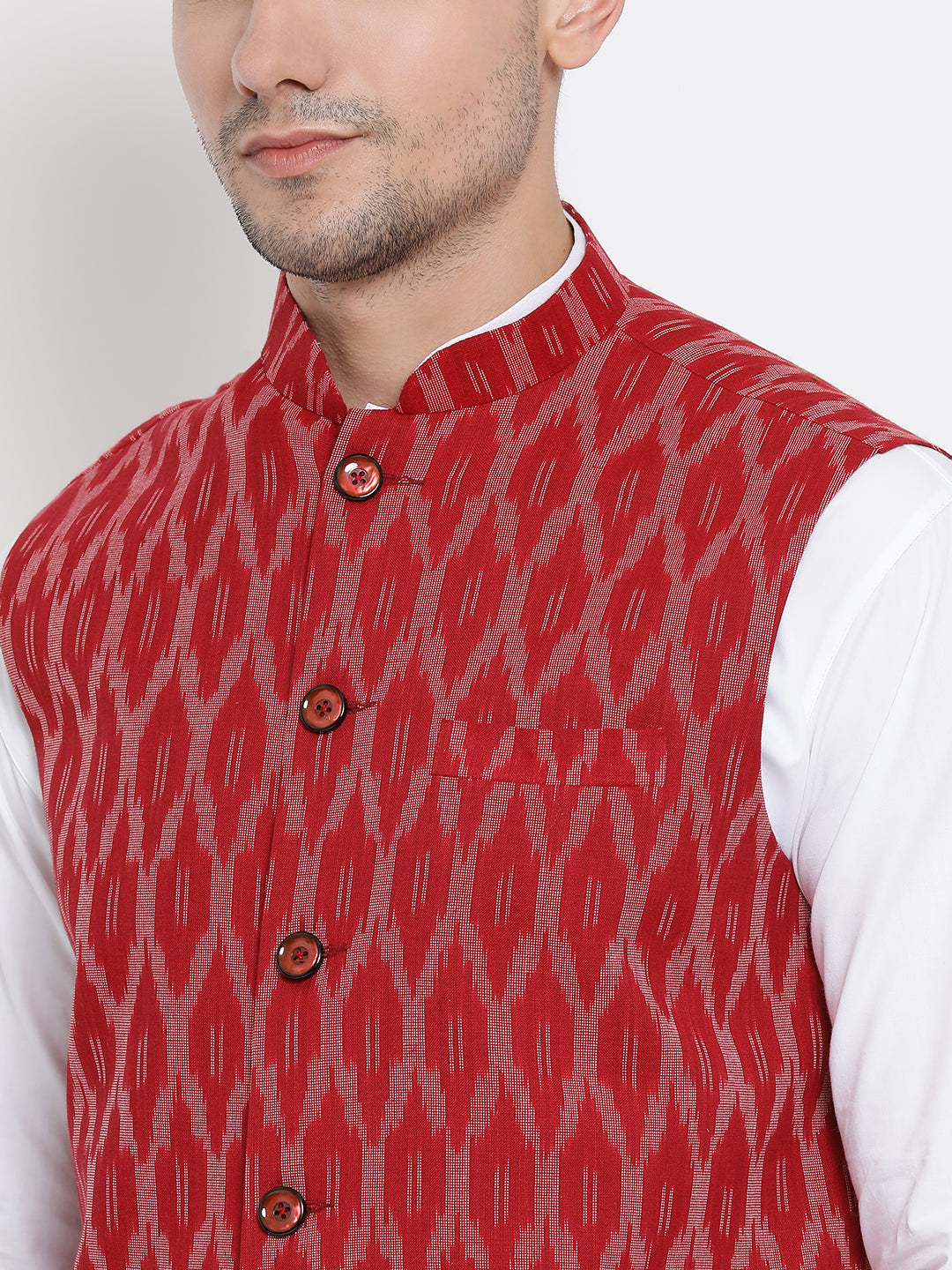 Men's White Cotton Kurta, Ethnic Jacket and Pyjama Set