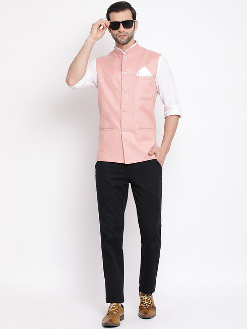 Men's Peach Solid Classic Royal Cotton Blend Nehru Jacket