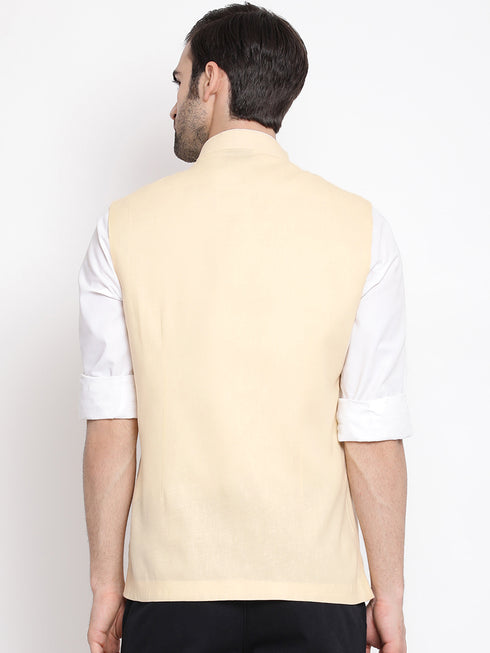 Men's Cream Solid Classic Royal Cotton Blend Nehru Jacket