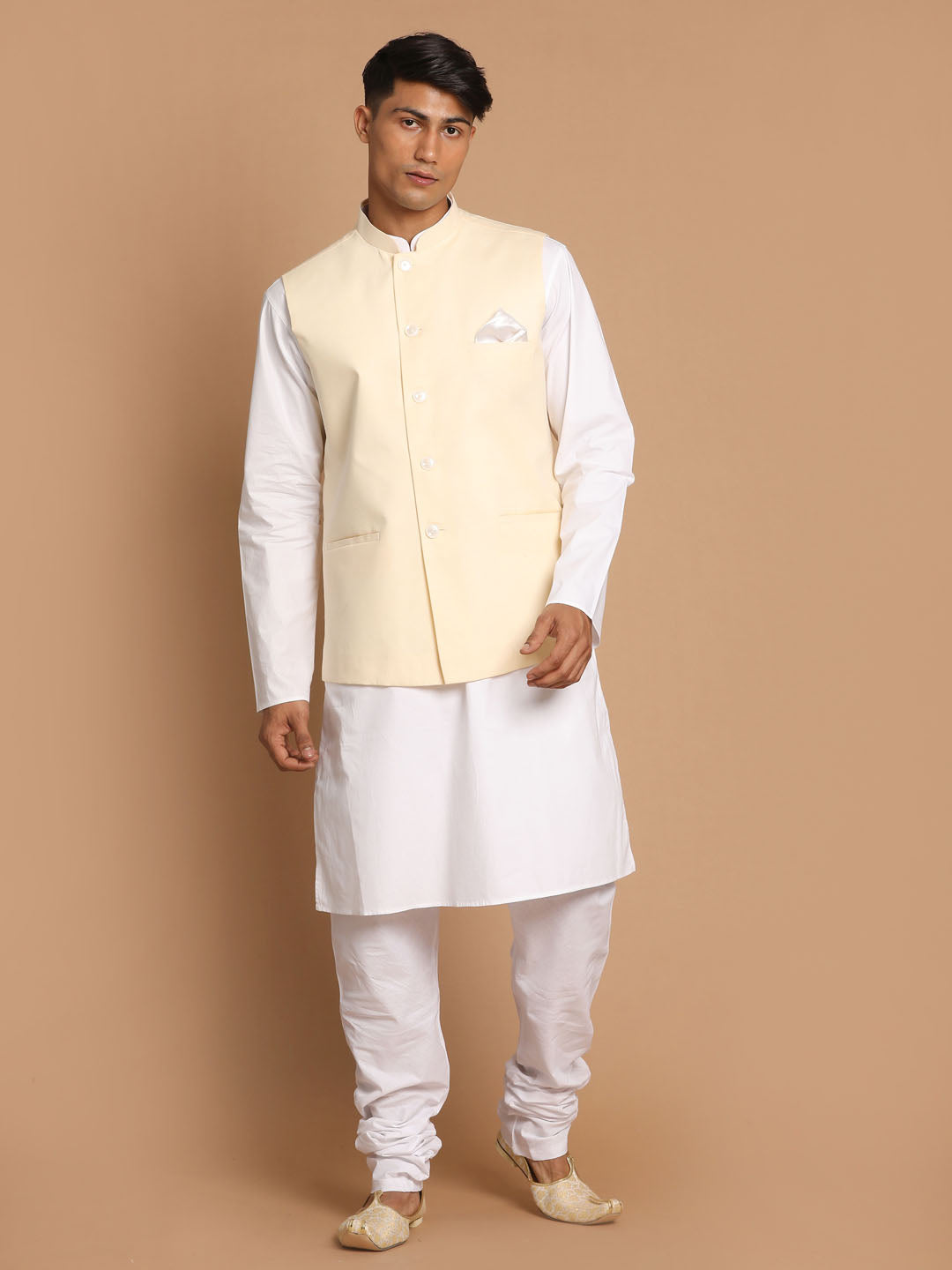Men's White Cotton Kurta, Solid Royal Nehru Jacket And Pyjama Set