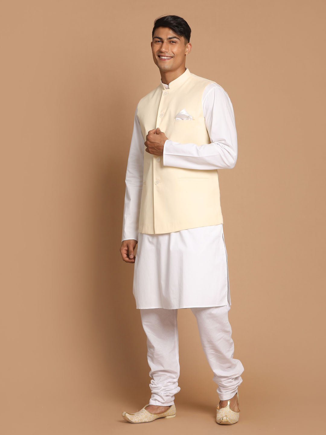 Men's White Cotton Kurta, Solid Royal Nehru Jacket And Pyjama Set