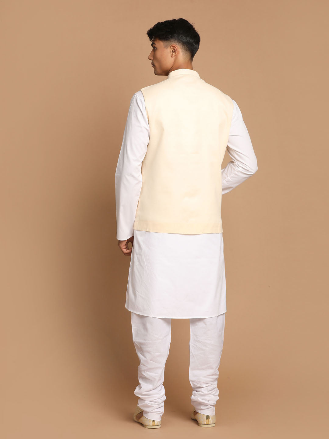 Men's White Cotton Kurta, Solid Royal Nehru Jacket And Pyjama Set