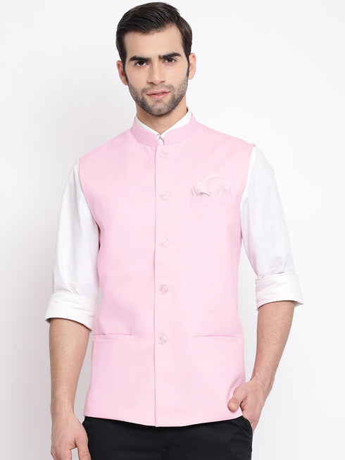 Men's Pink Solid Classic Royal Cotton Blend Nehru Jacket