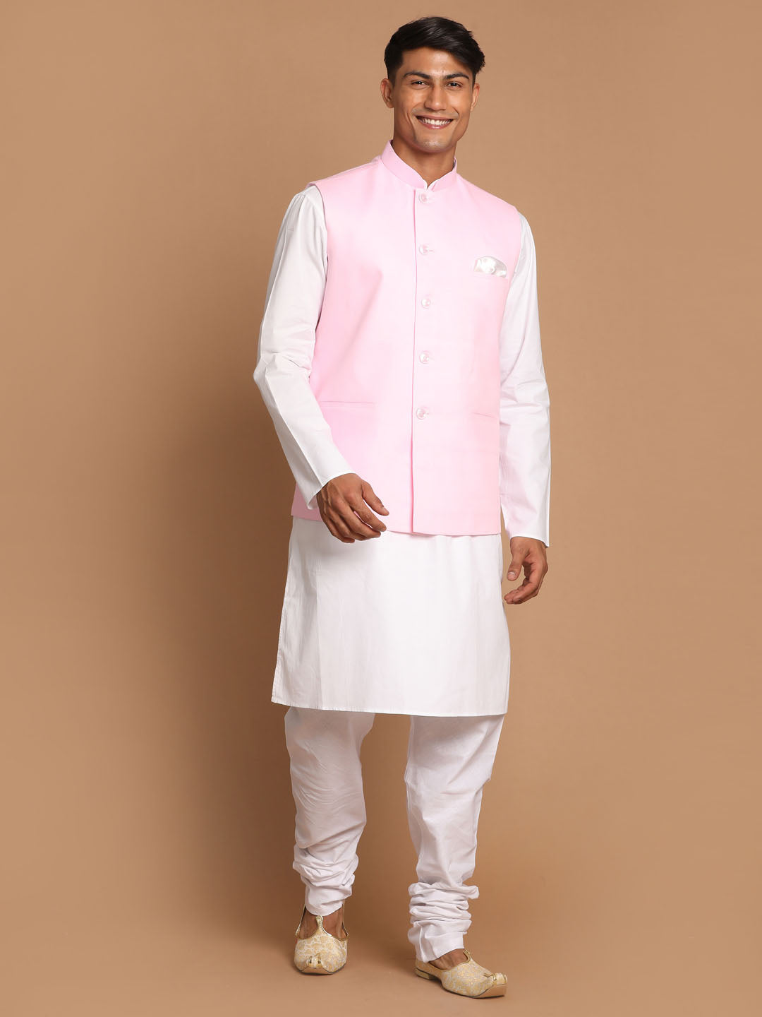 Men's White Cotton Kurta, Solid Royal Nehru Jacket And Pyjama Set