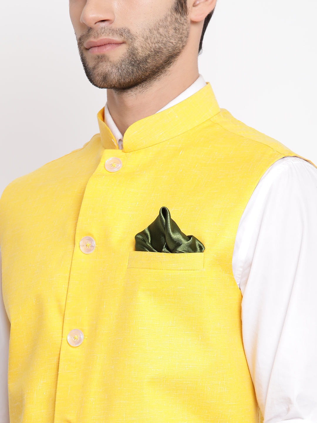 Men's Yellow Solid Classic Royal Cotton Blend Nehru Jacket