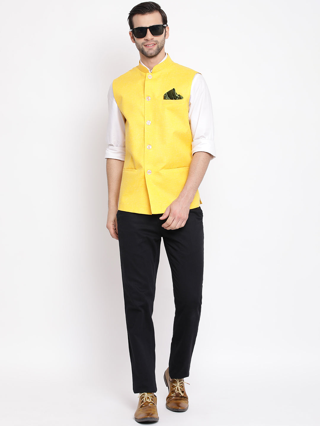 Men's Yellow Solid Classic Royal Cotton Blend Nehru Jacket
