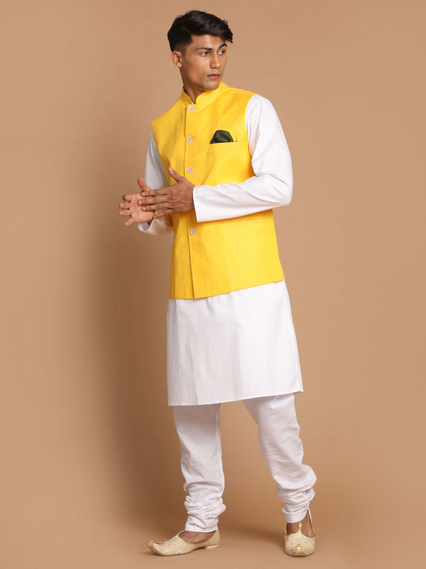 Men's White Cotton Kurta, Solid Royal Nehru Jacket And Pyjama Set