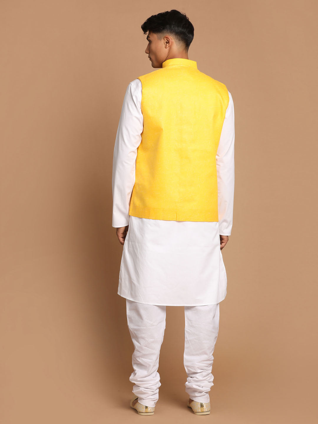 Men's White Cotton Kurta, Solid Royal Nehru Jacket And Pyjama Set
