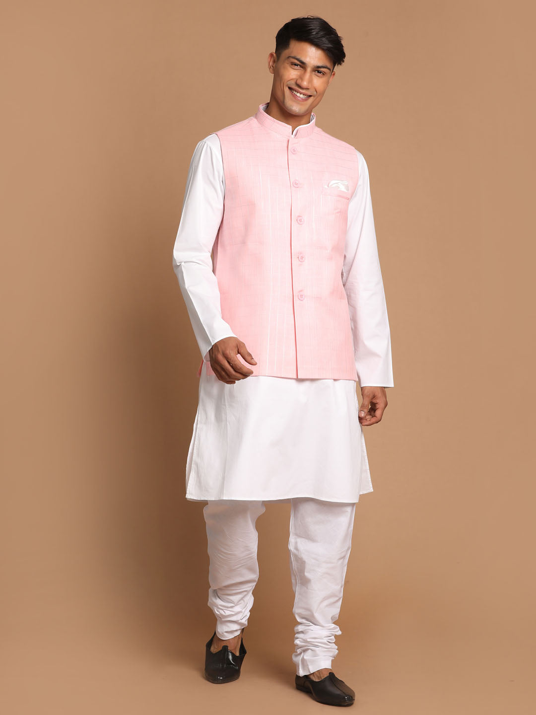 Men's White Cotton Kurta, Checkered Royal Linen Nehru Jacket And Pyjama Set