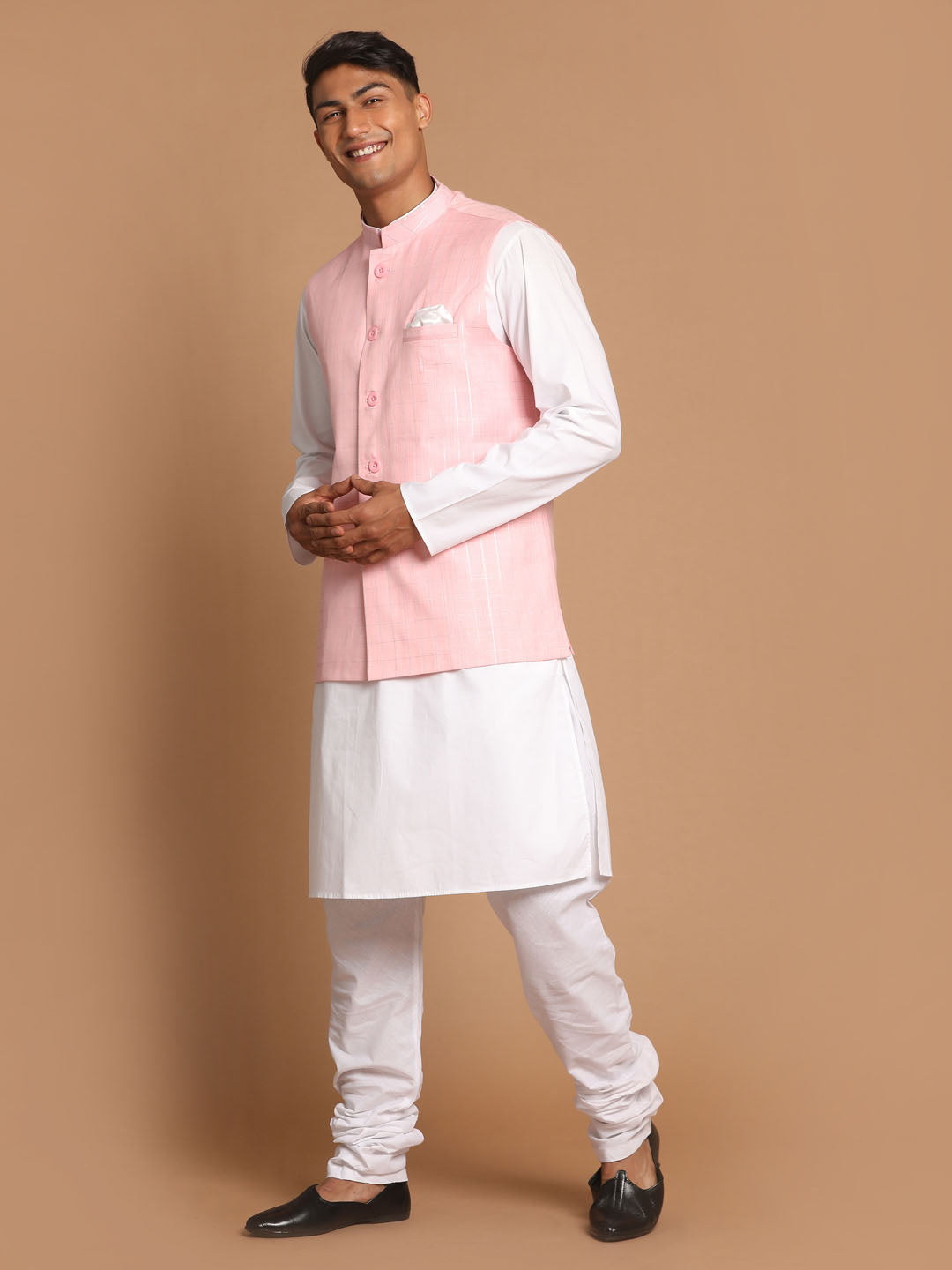 Men's White Cotton Kurta, Checkered Royal Linen Nehru Jacket And Pyjama Set
