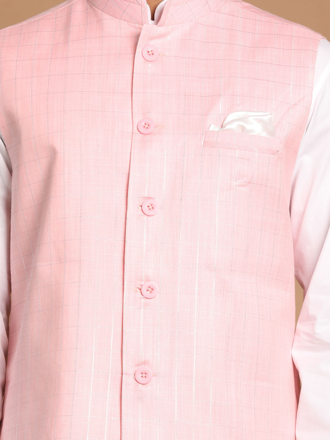 Men's White Cotton Kurta, Checkered Royal Linen Nehru Jacket And Pyjama Set