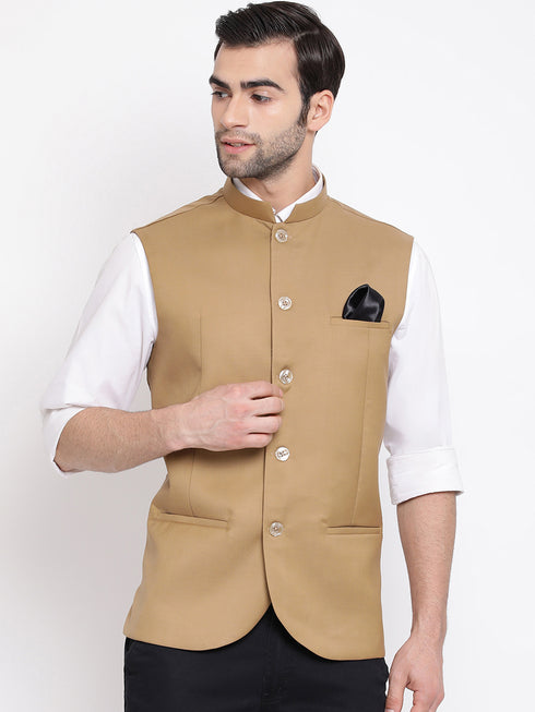 Men' S Beige Cotton Blend Twill Nehru Jacket