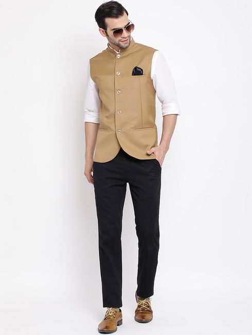 Men' S Beige Cotton Blend Twill Nehru Jacket