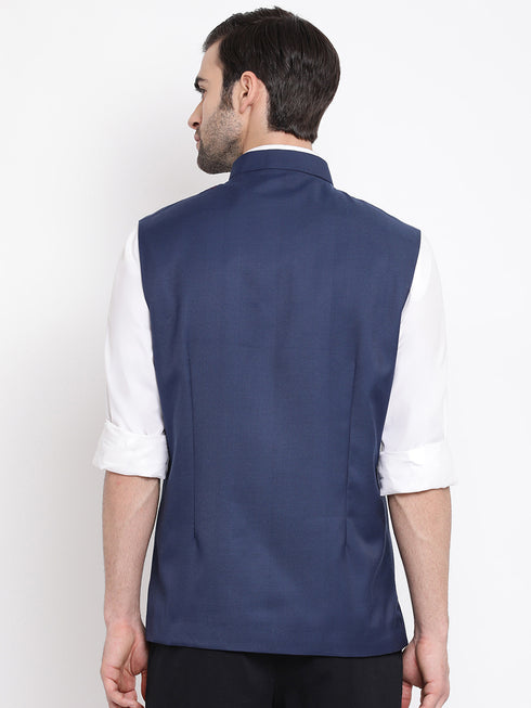 Men's Navy Blue Cotton Blend Twill Nehru Jacket