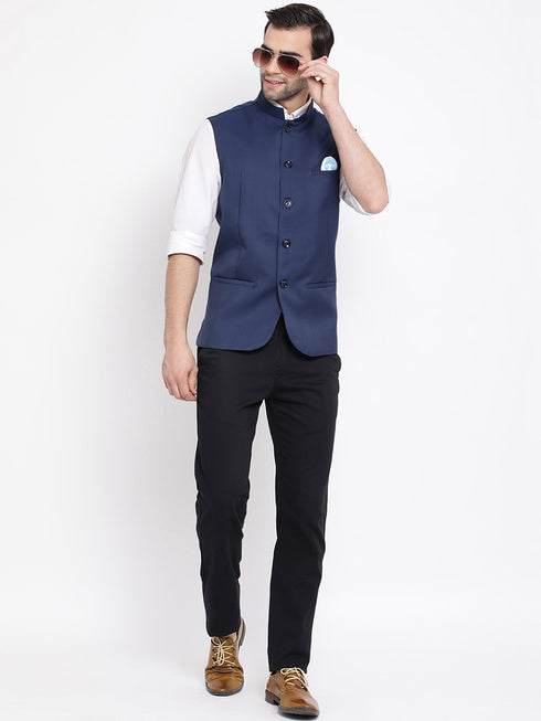 Men's Navy Blue Cotton Blend Twill Nehru Jacket