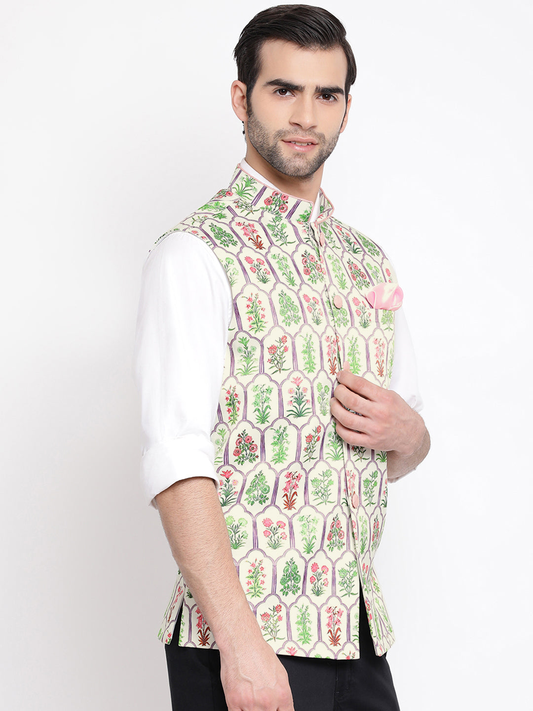 Men's Cream Digital Floral Printed Royal Nehru Jacket