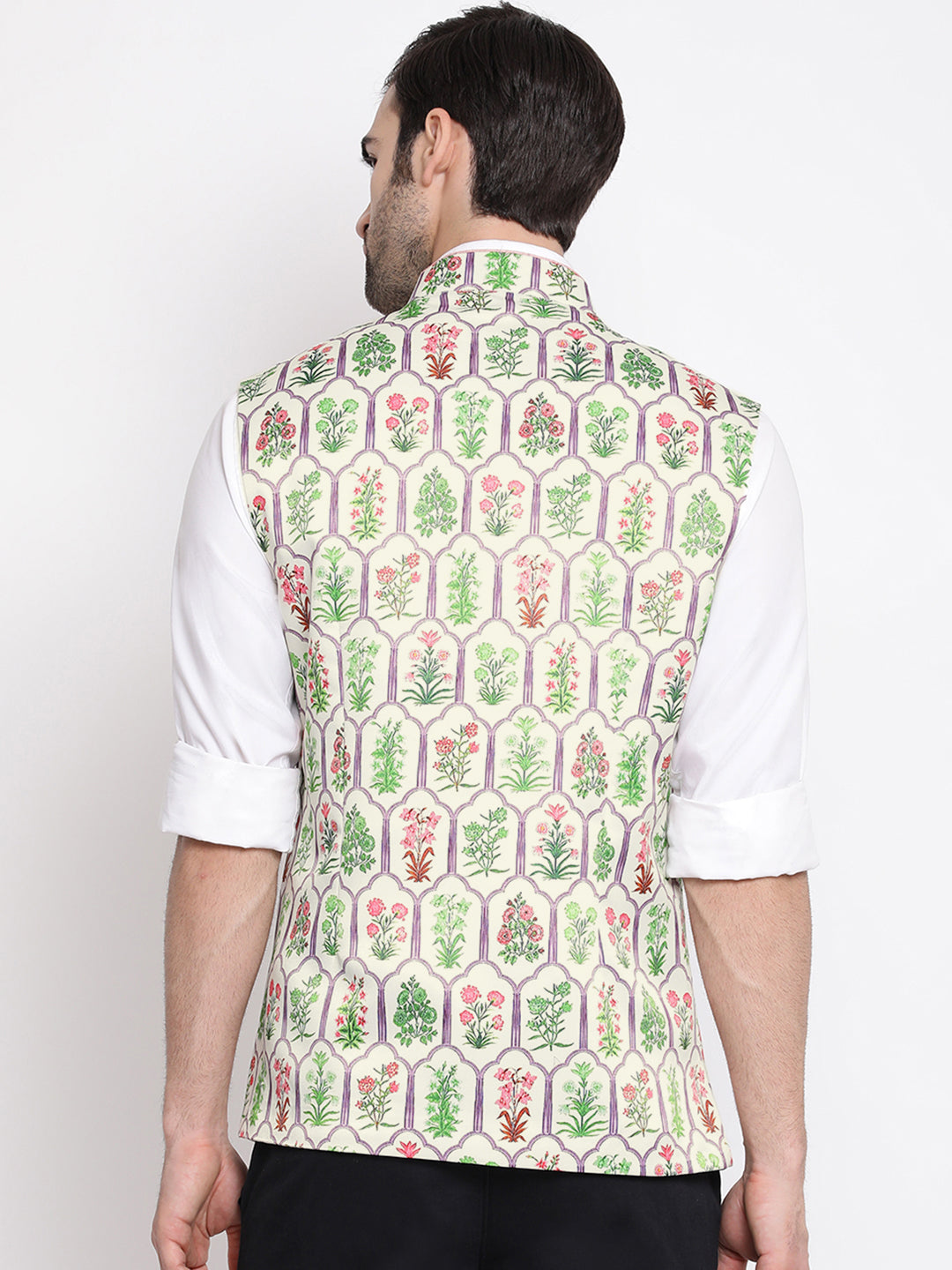 Men's Cream Digital Floral Printed Royal Nehru Jacket