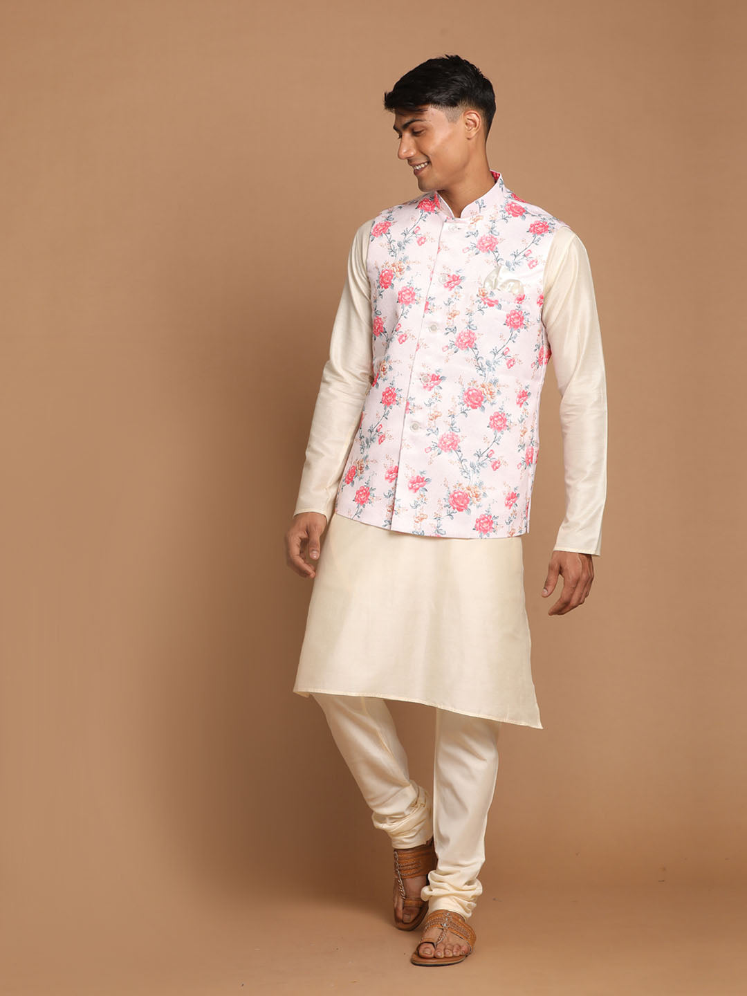Men's Peach Digital Printed Royal Angrakha Nehru Jacket With Cream Kurta Pyjama Set
