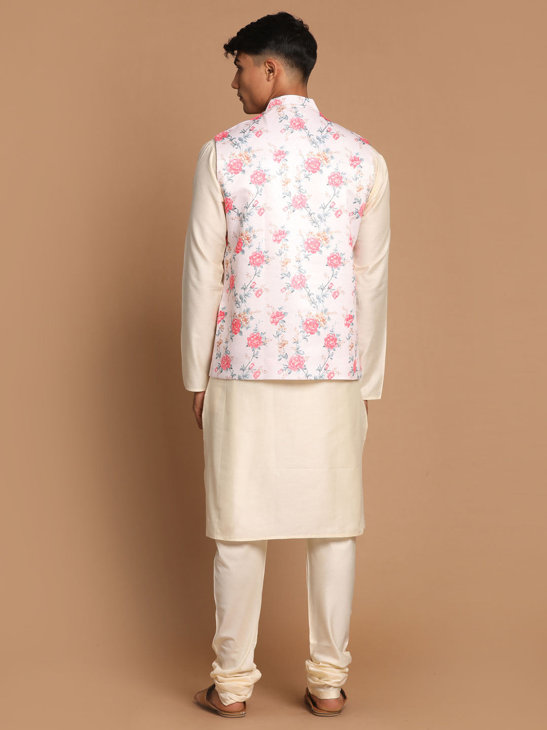 Men's Peach Digital Printed Royal Angrakha Nehru Jacket With Cream Kurta Pyjama Set