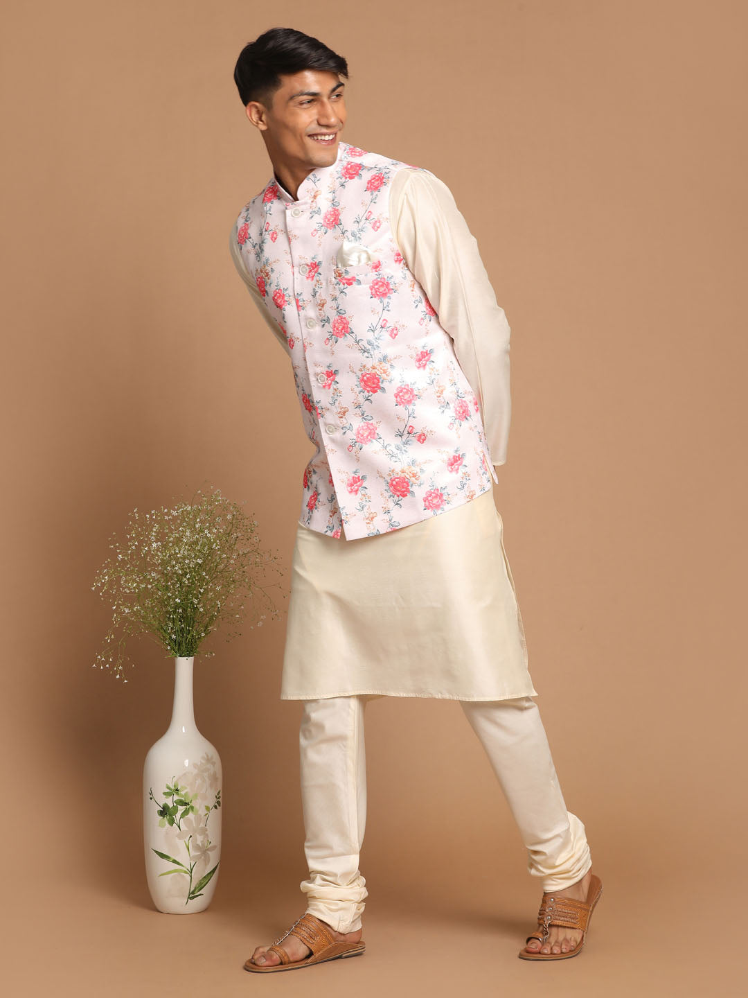 Men's Peach Digital Printed Royal Angrakha Nehru Jacket With Cream Kurta Pyjama Set