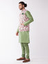 Men's Pink Floral Printed Ethnic Jacket With Green Silk Blend Kurta And Pyjama Set