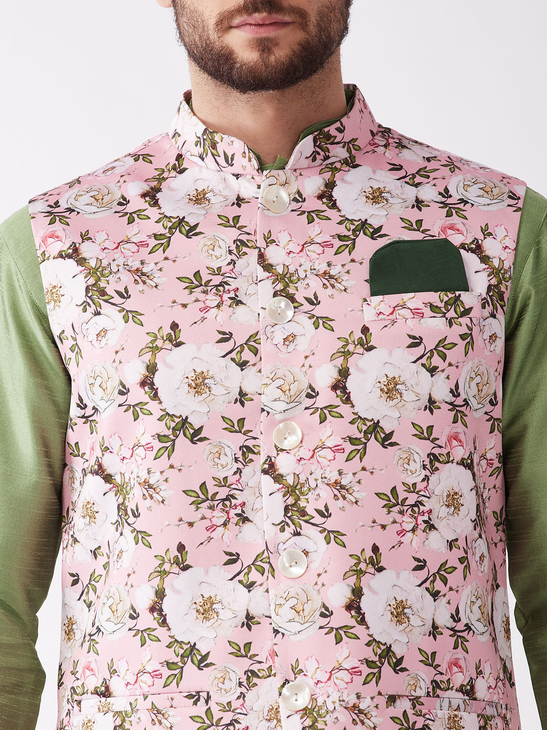 Men's Pink Floral Printed Ethnic Jacket With Green Silk Blend Kurta And Pyjama Set
