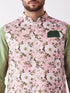 Men's Pink Floral Printed Ethnic Jacket With Green Silk Blend Kurta And Pyjama Set