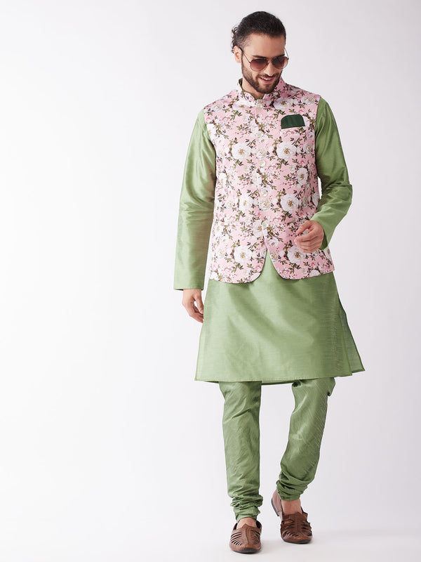 Men's Pink Floral Printed Ethnic Jacket With Green Silk Blend Kurta And Pyjama Set