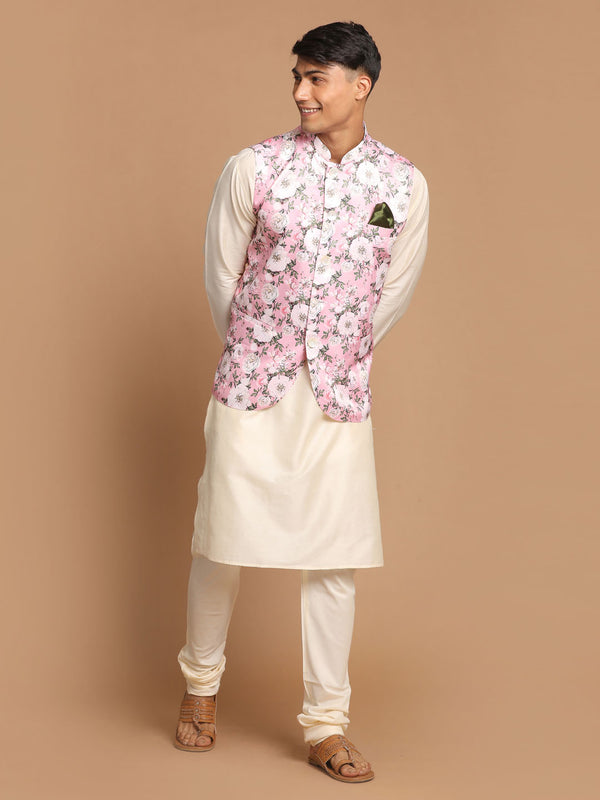 Men's Pink Digital Floral Printed Royal Angrakha Nehru Jacket With Cream Kurta Pyjama Set