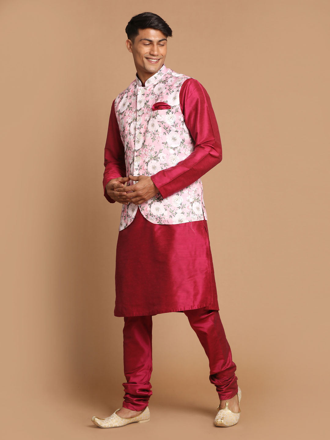 Men's Pink Floral Printed Ethnic Jacket With Purple Cotton Silk Blend Kurta Pyjama