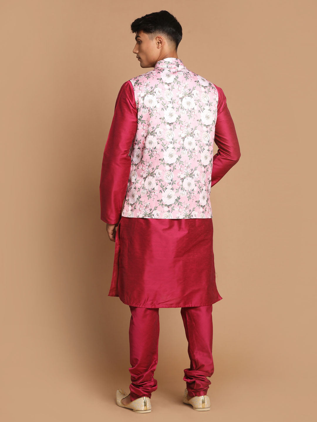 Men's Pink Floral Printed Ethnic Jacket With Purple Cotton Silk Blend Kurta Pyjama