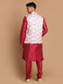 Men's Pink Floral Printed Ethnic Jacket With Purple Cotton Silk Blend Kurta Pyjama